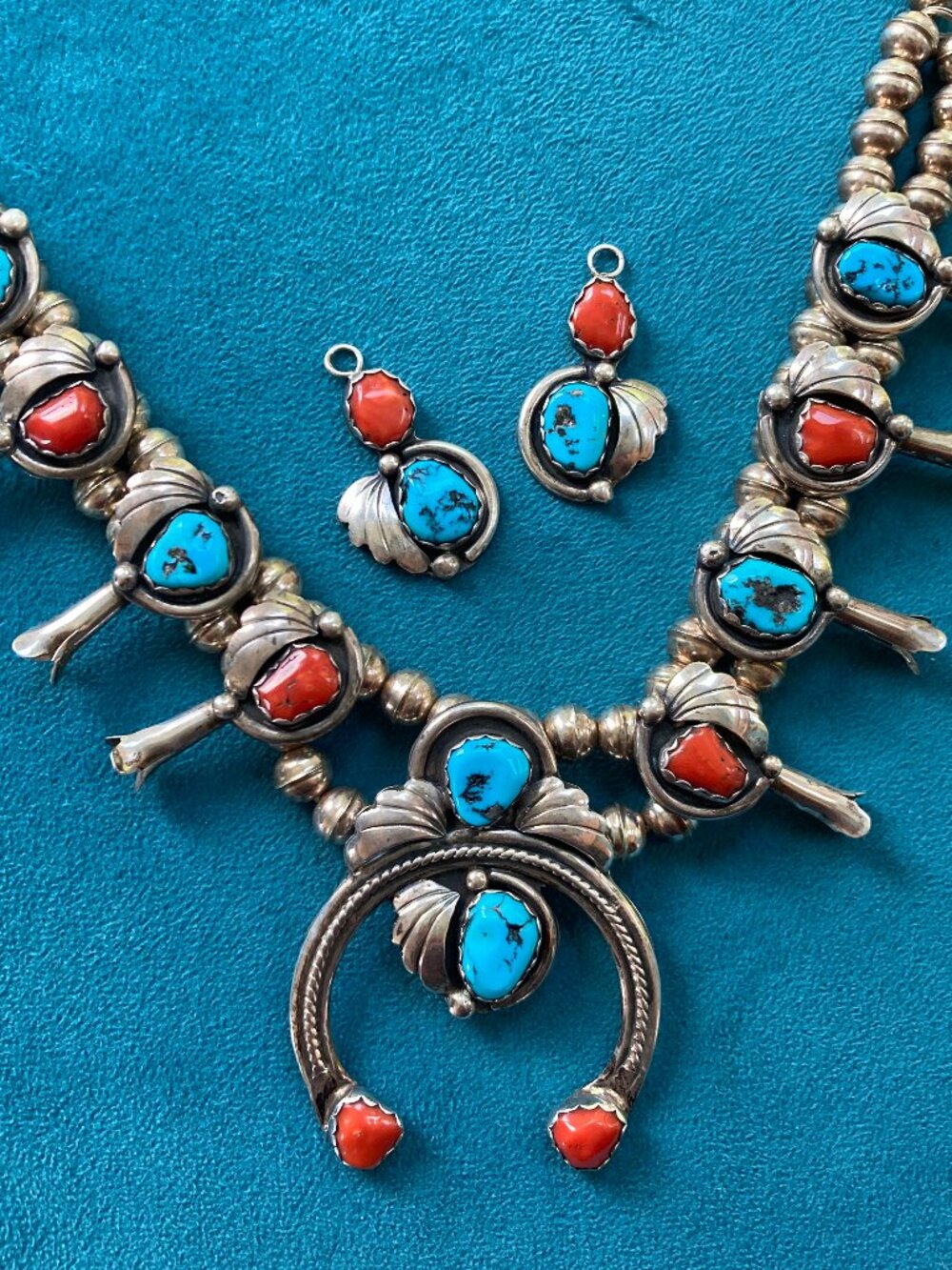Vintage Navajo Sterling Silver Turquoise Coral Squash Blossom Necklace SIGNED - Picture 2 of 8